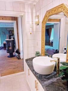 Smie på sjarmerende og historisk gård的一间带水槽和镜子的浴室
