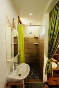 Ponta MalanganePequena Casa Holiday Home Malongane的浴室设有水槽和绿色的淋浴帘