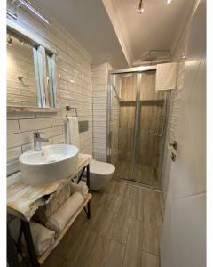 博兹贾阿达岛My Dream Bozcaada的一间带水槽、淋浴和卫生间的浴室
