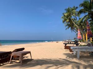 希克杜沃塔马罗海滩度假旅馆的海滩上长着长椅和棕榈树,还有大海