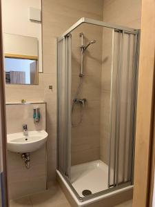 汉诺威Avento Hotel Hannover的带淋浴和盥洗盆的浴室