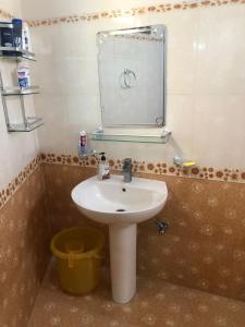 卡拉奇Ayub House的浴室设有水槽、镜子和水桶