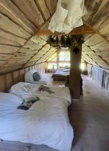 ĶesterciemsViesu Nams “Noras”的一间位于大帐篷内的卧室,配有两张床