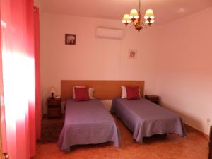 圣地亚哥-杜卡森Monte da Vinha Nova的一间卧室配有两张床和吊灯。