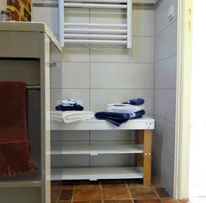 DangeauLe Lavoir Secret - hébergement atypique dans un joli cadre bucolique的步入式衣柜,配有蓝色和白色毛巾