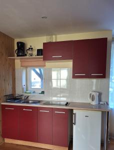 帕维洛斯塔Jūras sāga的一间厨房,配有红色橱柜和台面