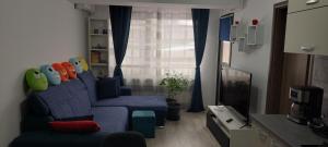 布加勒斯特LittleBIG Apartment的客厅设有蓝色的沙发和窗户。