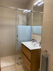 科斯塔德安提瓜Villa Costa Antigua Piscina的浴室配有盥洗盆和带镜子的淋浴