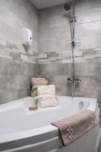 鲁塞Jeweller Hotel的一间带毛巾和淋浴的浴室