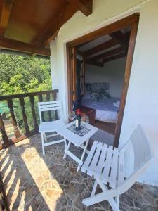 Valdaliga Refugio Finca El Canu的庭院配有两把椅子、一张桌子和一张床
