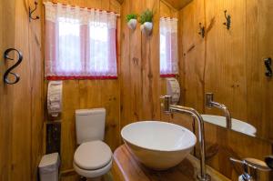维奥康德马奥Pousada Fazenda Rio das Pedras的木制浴室设有卫生间和水槽