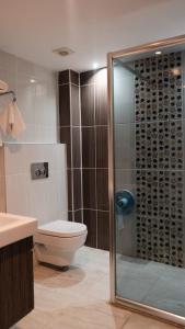 SamandağıTruva Life Hotel的一间带卫生间和玻璃淋浴间的浴室