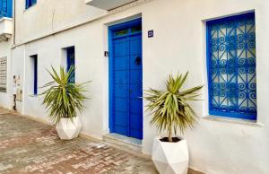 西迪·布·赛义德3 pieces spacieux avec verrières ouvrante的建筑前的蓝色门和两株盆栽植物