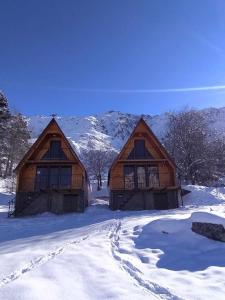 卡兹贝吉Cottage Paradise的两座大木头建筑,白雪间