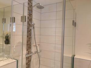 阿伦斯霍普Gaestehaus _ Strandhalle的浴室里设有玻璃门淋浴