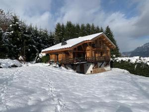 孔布卢Les Mules的雪覆盖的小木屋,有雪覆盖的道路