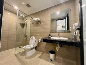 河内Grand Dragon Noi Bai Hotel的浴室配有卫生间、盥洗盆和淋浴。