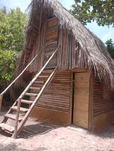 卡马萨里Cabana juriti的一个小小屋,有楼梯和茅草屋顶