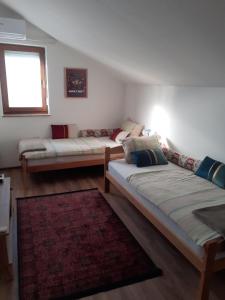 伊利扎Home away from home的客厅配有两张床和地毯。