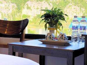 宁平Tam Coc Lion Kings Hotel & Resort的桌子上放有植物和水瓶