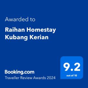 哥打巴鲁Raihan Homestay Kubang Kerian, Free Wifi的手机的屏幕截图,文字被授予葡萄干均匀性k