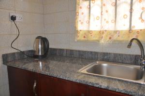 坎帕拉Malaika Furnished Apartments的带水槽的厨房台面和窗户