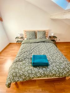 CourrejeanMaison cosy的一间卧室配有一张大床,上面装有蓝色袋子