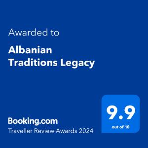 都拉斯Albanian Traditions Legacy的蓝色文本框,上面有给阿尔巴尼亚传统留下的单词