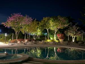 绍其德贝克Hotel Azomalli的公园里树木繁茂的游泳池