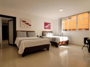 圣多明各Aparta Hotel Drake Piantini的一间卧室设有两张床和窗户。