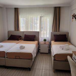 艾瓦勒克OTELIA PANSIYON的一间卧室设有两张床和窗户。