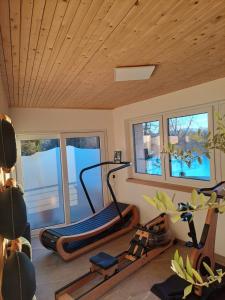 苏尔茨贝格Hotel-Pension Seebad "Seegenuss-Natur-Spa"的健身房设有两台跑步机和窗户