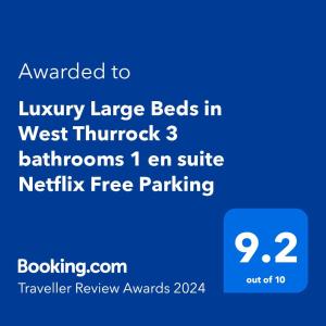 格雷斯瑟罗克Luxury Large Beds in West Thurrock 3 bathrooms 1 en suite Netflix Free Parking的一部手机的屏幕,手机的文本想要豪华大床