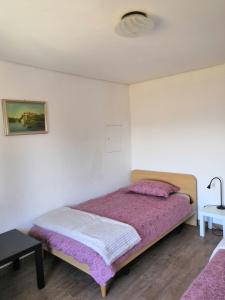 科佩尔ROSEMARIN的一间卧室配有一张带紫色毯子的床