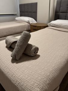 门多萨Departamento confortable的卧室内的两张床,床上配有毛巾