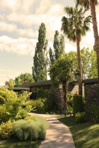 卢汉德库约Susana Balbo Winemaker´s House的一座种有棕榈树的花园及一座建筑