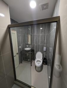 圣萨尔瓦多Hotel Abrego的一间带卫生间和水槽的小浴室