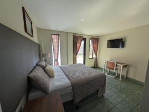 圣萨尔瓦多Hotel Abrego的酒店客房,配有床和电视