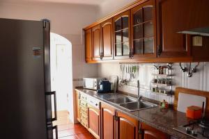 阿马多拉Judith House - Amadora Este的厨房配有木制橱柜、水槽和冰箱。