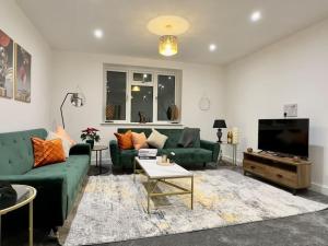 Brand new modern Cheltenham home的客厅配有绿色沙发和平面电视
