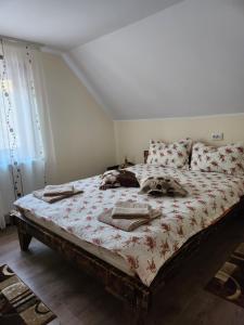 托普利察Casa din livadă - Cazare Măgheruș的一间卧室配有一张大床和被子