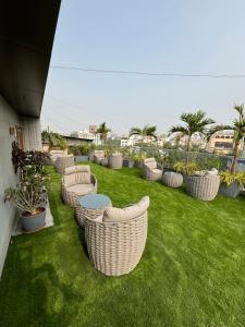 艾哈迈达巴德那兰陀酒店的棕榈树草坪上的一排椅子
