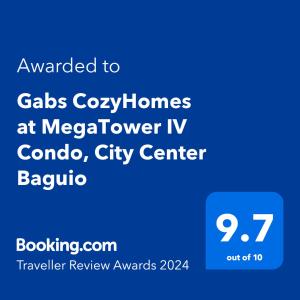 碧瑶Gabs CozyHomes at MegaTower IV Condo, City Center Baguio的手机的屏幕,手机的文本被授予了门卫门