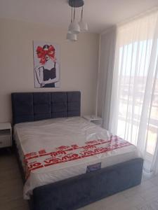 艾因苏赫纳Il monte galala -Ain El Sokhna的一间卧室配有一张红色带子的床