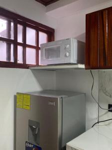 圣何塞CasaZheng的厨房里冰箱上面的微波炉