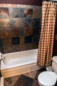 埃斯蒂斯帕克Timber Creek Chalets- 2A chalet的带浴缸、卫生间和淋浴帘的浴室