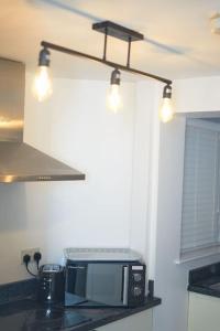 RisleyCozy Apartment in Birchwood的厨房配有带微波炉和灯的台面