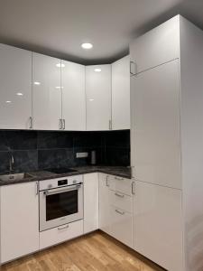 维尔纽斯OZO Life Apartment的白色的厨房配有白色橱柜和水槽