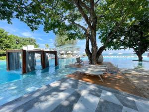 七岩Veranda Resort & Villas Hua Hin Cha Am的水边的游泳池,游泳池旁有树和椅子
