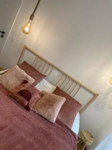 那慕尔Suite 26-Appartement au coeur de Namur的一间卧室配有一张带红色床单和枕头的床。
